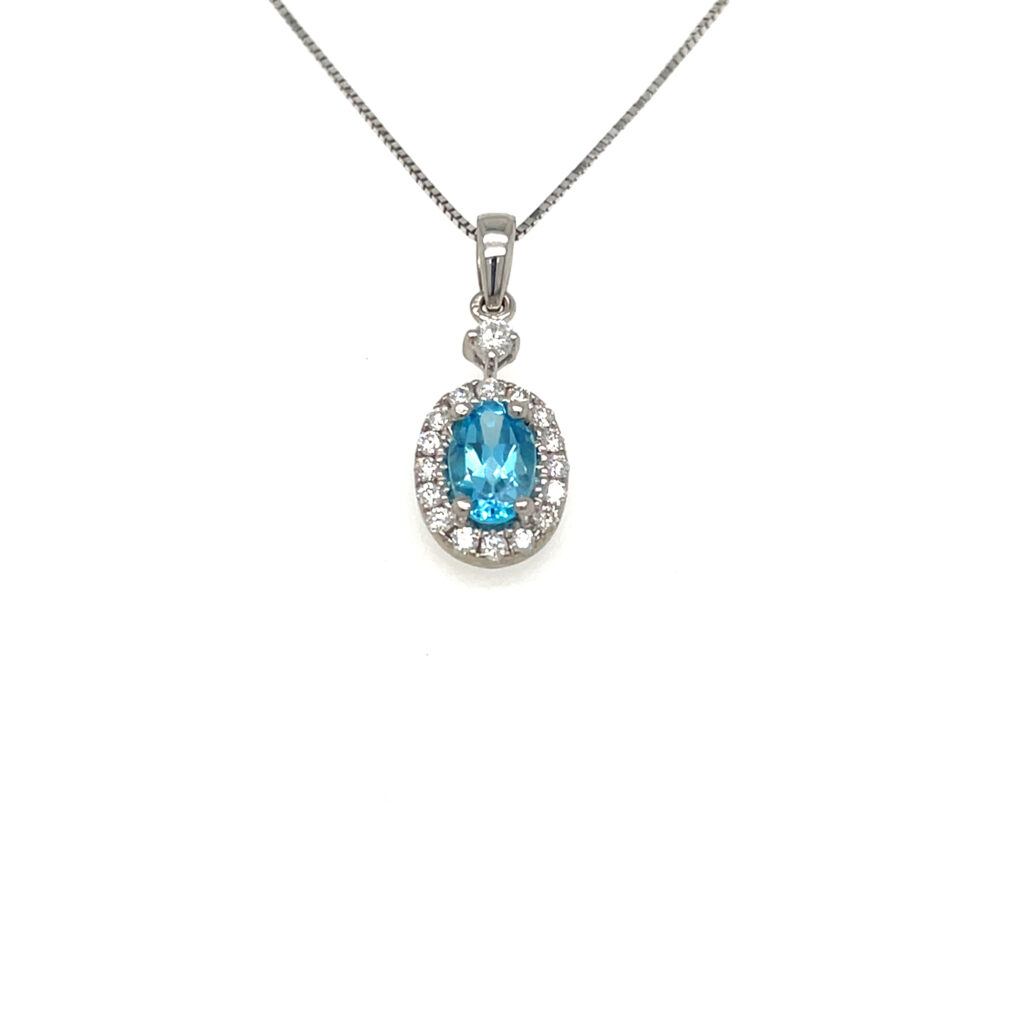 Oval Blue Topaz Halo Pendant